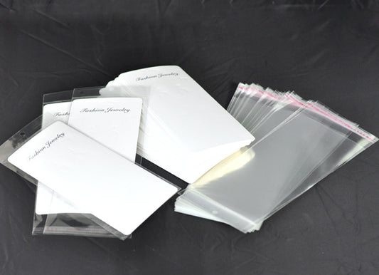Earring Display Cards With Self Adhesive Seal Plastic Bags 19.5x9cm, 50pcs - White