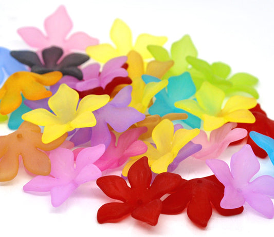 Acrylic Flower Frosted Beads, Mixed Colours, 28x7mm, 80 pcs