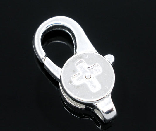 Silver Plated, Lobster Clasps, Cross Round, 28 x 14mm, 10pcs