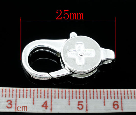 Silver Plated, Lobster Clasps, Cross Round, 28 x 14mm, 10pcs