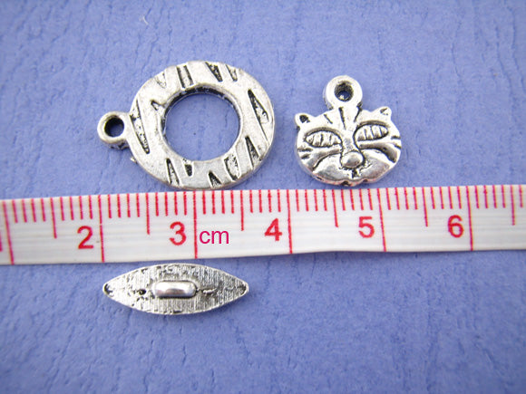 Antique Silver Toggle Clasps, Kitty Design, 15x20mm 10sets