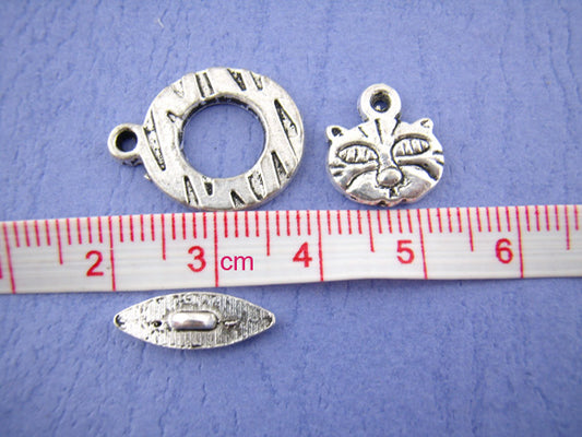 Antique Silver Toggle Clasps, Kitty Design, 15x20mm 10sets