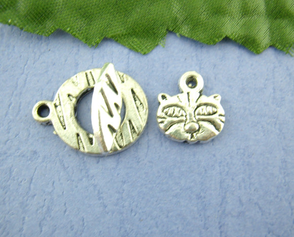 Antique Silver Toggle Clasps, Kitty Design, 15x20mm 10sets