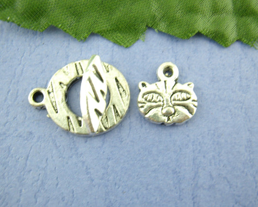 Antique Silver Toggle Clasps, Kitty Design, 15x20mm 10sets