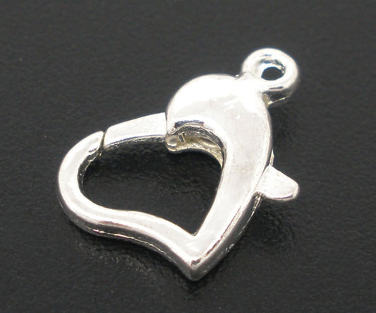 Silver Plated Lobster Clasps, Heart Design, 14x9mm, 20 pcs