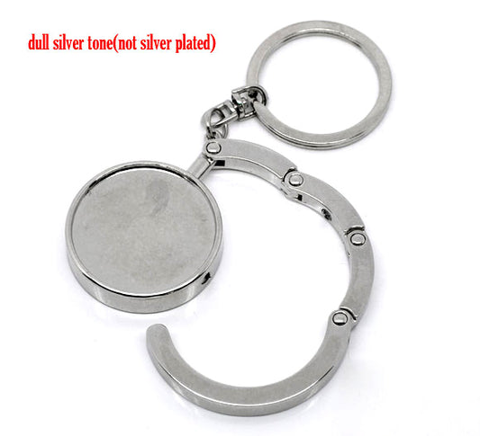 Antique Silver, Folding Purse Hook Handbag Hanger with Key Ring, 2 pcs - setting on one side
