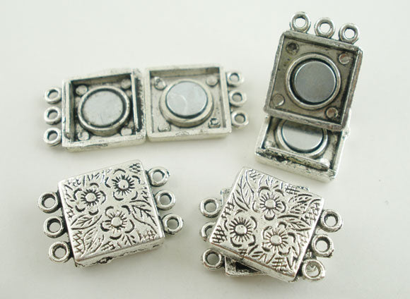 Antique Silver Magnetic Clasps, 3 Holes Flower, 18.8x12.7mm, 10 sets