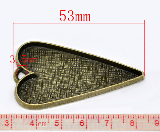 Antique Bronze, Pendants, heart shape, Blank Casing, 53x30mm. 5pcs