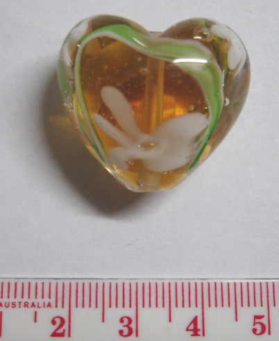 Glass Beads, Lampwork Heart, 28mm, Topaz/clear Design, 1pc