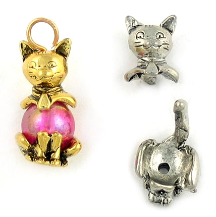 Antique Gold, Bead Cap - Cat two-parts, for Cat Lovers  - 1 Set
