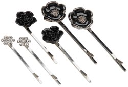 Antique Silver, Bobby Pins 6/Pkg, Embellished - Flower/Silver/Black